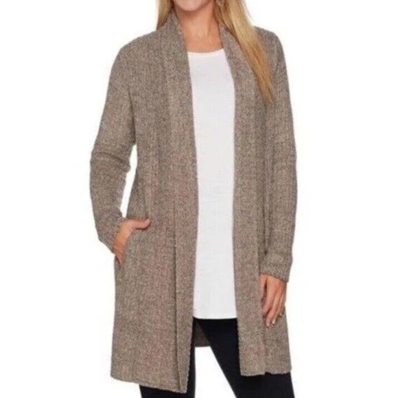 BAREFOOT DREAMS CozyChic Lite Knit Tan Nude Open Front Cardigan Sz Medium EUC - Picture 1 of 7